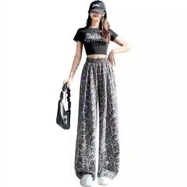 丝絮丝绸 夏季高级感印花高腰冰丝窄版阔腿裤女垂感直筒宽松拖地长裤子休闲裤 女款