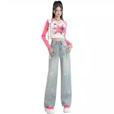 么宁 宽松高腰复古感拖地裤牛仔裤 女款