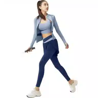 欧迪芬  修身舒适夏季薄款塑形拼色瑜伽服带胸垫晨跑步运动服专业普拉提训练速干透气外套背心假两件安全长裤显瘦三件套  健身套装  女款