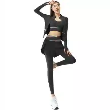 欧迪芬  修身舒适夏季薄款塑形拼色瑜伽服带胸垫晨跑步运动服专业普拉提训练速干透气外套背心假两件安全长裤显瘦三件套  健身套装  女款