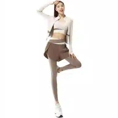 欧迪芬  修身舒适夏季薄款塑形拼色瑜伽服带胸垫晨跑步运动服专业普拉提训练速干透气外套背心假两件安全长裤显瘦三件套  健身套装  女款