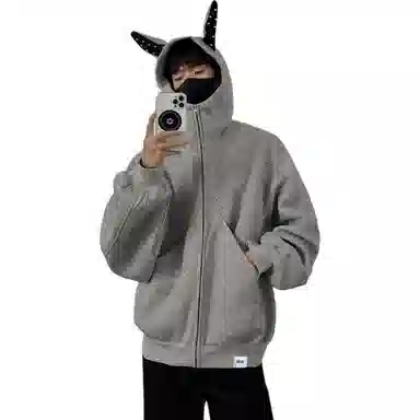 【dme】 复古美式重磅拼接铆钉杜宾耳朵连帽中性情侣外套秋款时尚休闲宽松开衫卫衣 男女同款