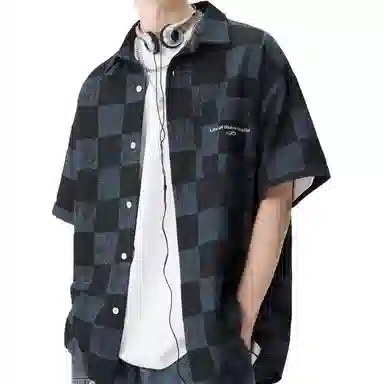 沐诚阳译 夏季美式棋盘格短袖男宽松休闲大码半袖外套衬衫  男款