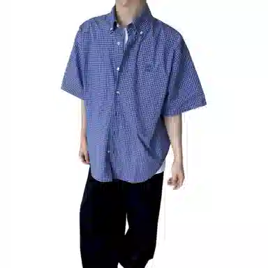 沐诚阳译 美式复古格子夏季潮牌潮流宽松百搭休闲衬衣外套短袖衬衫 男款