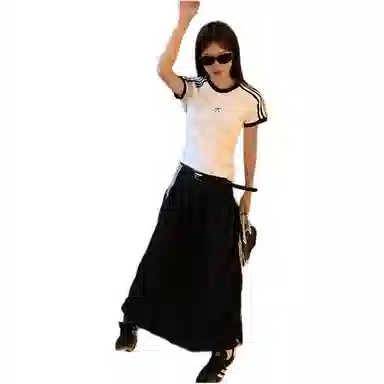 木清清 条纹正肩短袖半身裙女夏季休闲套装 女款