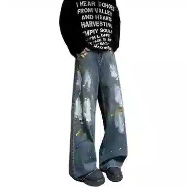 Big Check Black Cat Paint Graffiti Jeans