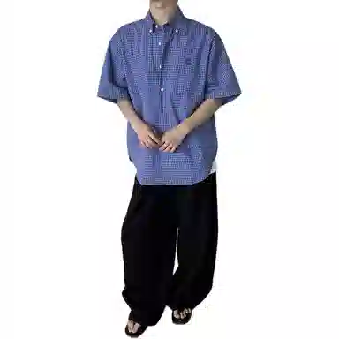 沐诚阳译 美式复古格子夏季潮牌潮流宽松百搭休闲衬衣外套短袖衬衫 男款