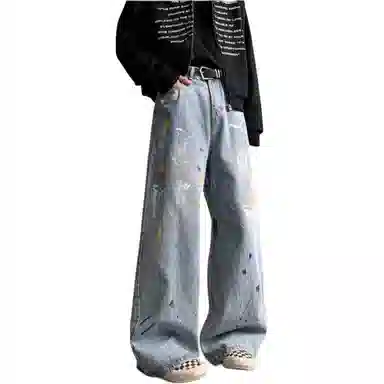 沐诚阳译 潮牌设计感漆点秋季宽松直筒裤子情侣款休闲长裤牛仔裤 男女同款