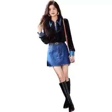 【dme】 时尚牛仔拼接休闲尖领复古丝绒长袖衬衫 女款 黑色