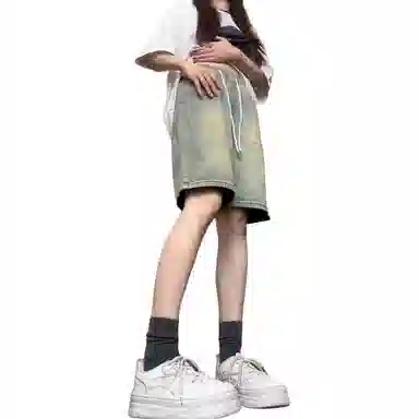 欧迪芬 美式直筒裤宽松复古做旧高街潮流宽松舒适牛仔短裤 女款 黄泥色