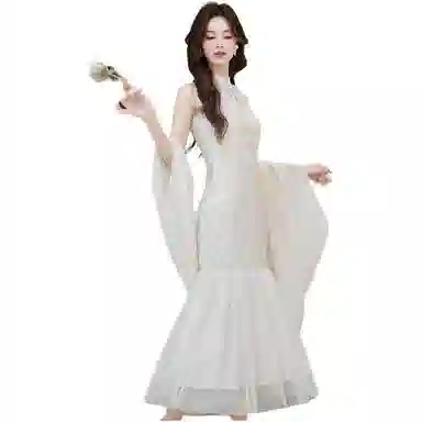 水中花 新中式国风气质提花旗袍女春挂脖连衣裙裙装套装 女款 白色