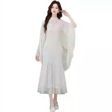 水中花 新中式国风气质提花旗袍女春挂脖连衣裙裙装套装 女款 白色