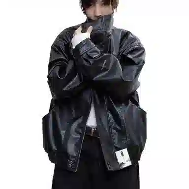 【美式痞帅PU皮休闲拉链外套】布客行 狂野硬朗摇滚机车叛逆霸气纯色宽松百搭工装学院风美拉德翻领设计防风防水个性  夹克 男女同款