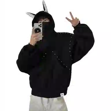 【dme】 复古美式重磅拼接铆钉杜宾耳朵连帽中性情侣外套秋款时尚休闲宽松开衫卫衣 男女同款