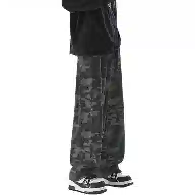拓菲 复古迷彩工装设计感垂感口袋直筒阔腿拖地裤子牛仔裤 男女同款