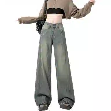 小卷要加油 复古阔腿夏季条纹宽松高腰牛仔裤 女款