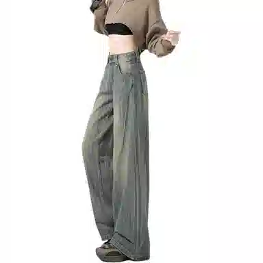 小卷要加油 复古阔腿夏季条纹宽松高腰牛仔裤 女款