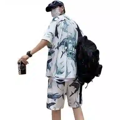 零氏 夏季宽松潮牌流行短袖两件套印花休闲翻领衬衣沙滩裤衬衫套装 男女同款