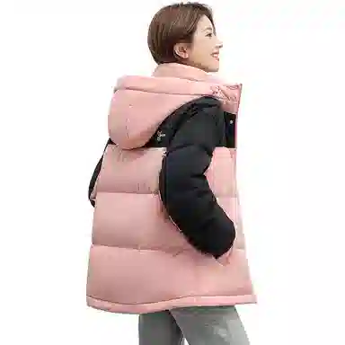 鸭鸭 拉链连帽撞色拼接情侣面包服防寒羽绒服 女款