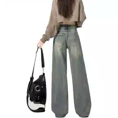 小卷要加油 复古阔腿夏季条纹宽松高腰牛仔裤 女款