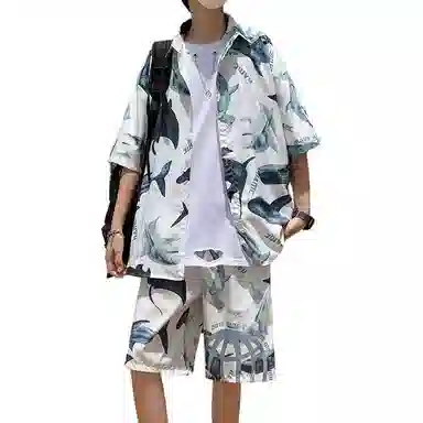 零氏 夏季宽松潮牌流行短袖两件套印花休闲翻领衬衣沙滩裤衬衫套装 男女同款