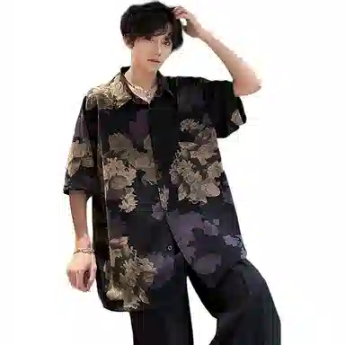 黑马漫画 泰国休闲新中式上衣复古巴洛克花短袖衬衫 男女同款 黑色