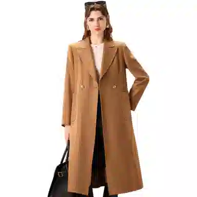 粉红玛琍 纯色中长款西装领长袖大衣 女款