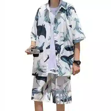 零氏 夏季宽松潮牌流行短袖两件套印花休闲翻领衬衣沙滩裤衬衫套装 男女同款