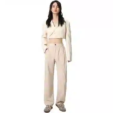 欧迪芬 纯色简约经典基础款设计褶皱宽松直筒西装裤 女款