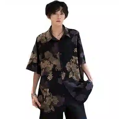 黑马漫画 泰国休闲新中式上衣复古巴洛克花短袖衬衫 男女同款 黑色