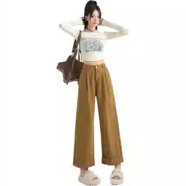 玫丝朵 简约高腰宽松卷边直筒牛仔裤 女款