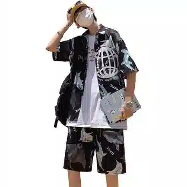 零氏 夏季宽松潮牌流行短袖两件套印花休闲翻领衬衣沙滩裤衬衫套装 男女同款