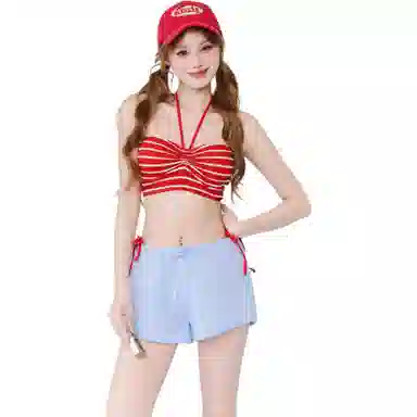 木清清 元气少女条纹性感挂脖高腰保守分体温泉度假泳衣套装 女款