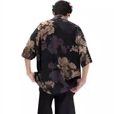 黑马漫画 泰国休闲新中式上衣复古巴洛克花短袖衬衫 男女同款 黑色