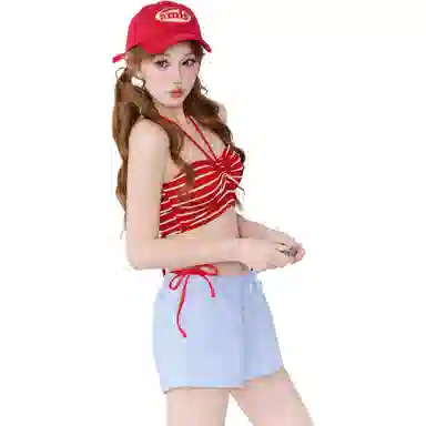 木清清 元气少女条纹性感挂脖高腰保守分体温泉度假泳衣套装 女款