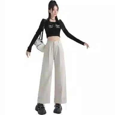 玫丝朵 简约高腰宽松卷边直筒牛仔裤 女款