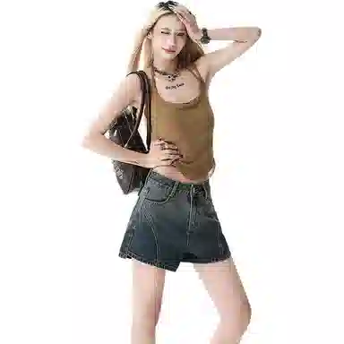 欧迪芬 复古拼接设计高腰休闲直筒裤子辣妹紧身包臀热裤时尚潮流水洗做旧时尚舒适牛仔短裤 女款