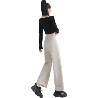 玫丝朵 简约高腰宽松卷边直筒牛仔裤 女款