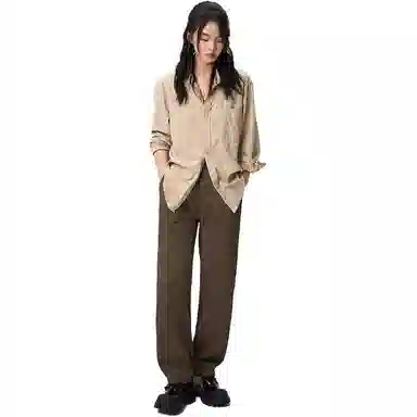 欧迪芬 纯色简约经典基础款设计褶皱宽松直筒西装裤 女款