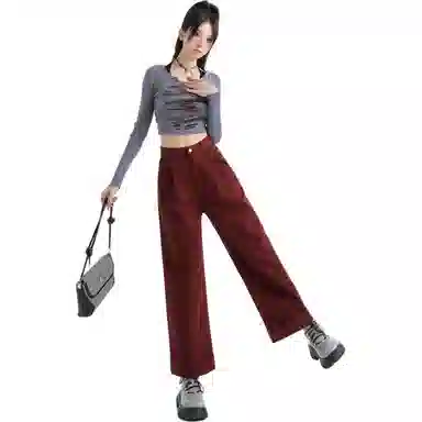 玫丝朵 简约高腰宽松卷边直筒牛仔裤 女款