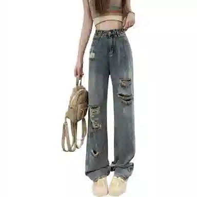 怪力萝莉 高腰宽松个性牛仔裤 女款 浅蓝色