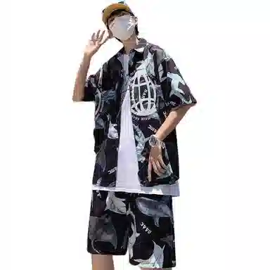 零氏 夏季宽松潮牌流行短袖两件套印花休闲翻领衬衣沙滩裤衬衫套装 男女同款