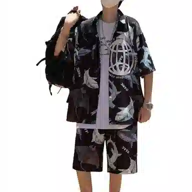 零氏 夏季宽松潮牌流行短袖两件套印花休闲翻领衬衣沙滩裤衬衫套装 男女同款