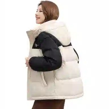 鸭鸭 拉链连帽撞色拼接情侣面包服防寒羽绒服 女款