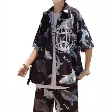 零氏 夏季宽松潮牌流行短袖两件套印花休闲翻领衬衣沙滩裤衬衫套装 男女同款