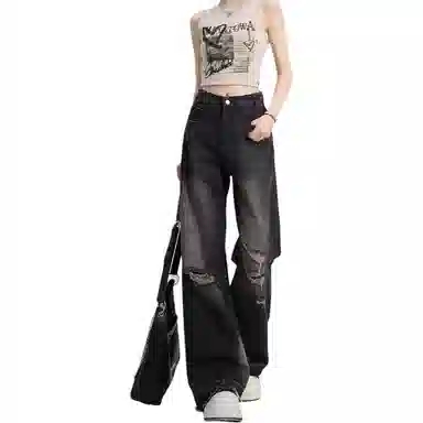 木清清 美式破洞窄版阔腿薄款毛边宽松显瘦直筒裤牛仔裤 女款