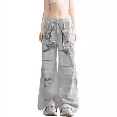 洋气先生 美式高街复古水洗做旧磨白个性满印链条小众设计感时尚潮流帅气百搭休闲阔腿垂感中腰直筒显高显瘦氛围感牛仔裤 男女同款