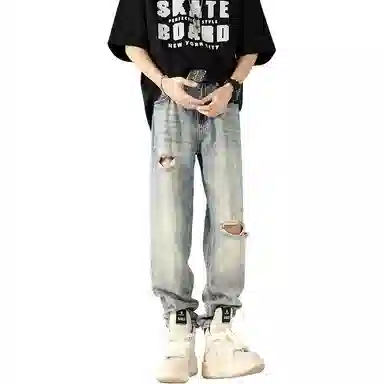 八哥 美式夏季复古高街风基础款百搭时尚垂感透气清凉破洞弯刀裤宽松舒适休闲牛仔裤 男女同款