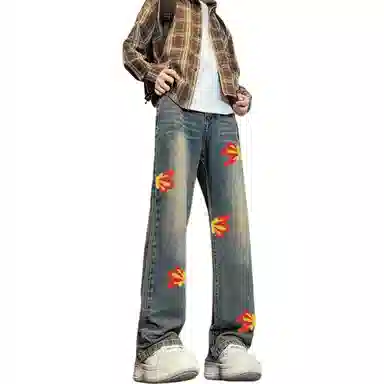 布客行 【毛巾绣刺绣钩花系列】复古巴黎柳叶弯刀美式水洗高街亲肤透气直筒阔腿休闲百搭微喇纯色显高显瘦显腿长裤弹力牛仔裤 男女同款