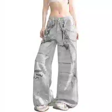 洋气先生 美式高街复古水洗做旧磨白个性满印链条小众设计感时尚潮流帅气百搭休闲阔腿垂感中腰直筒显高显瘦氛围感牛仔裤 男女同款